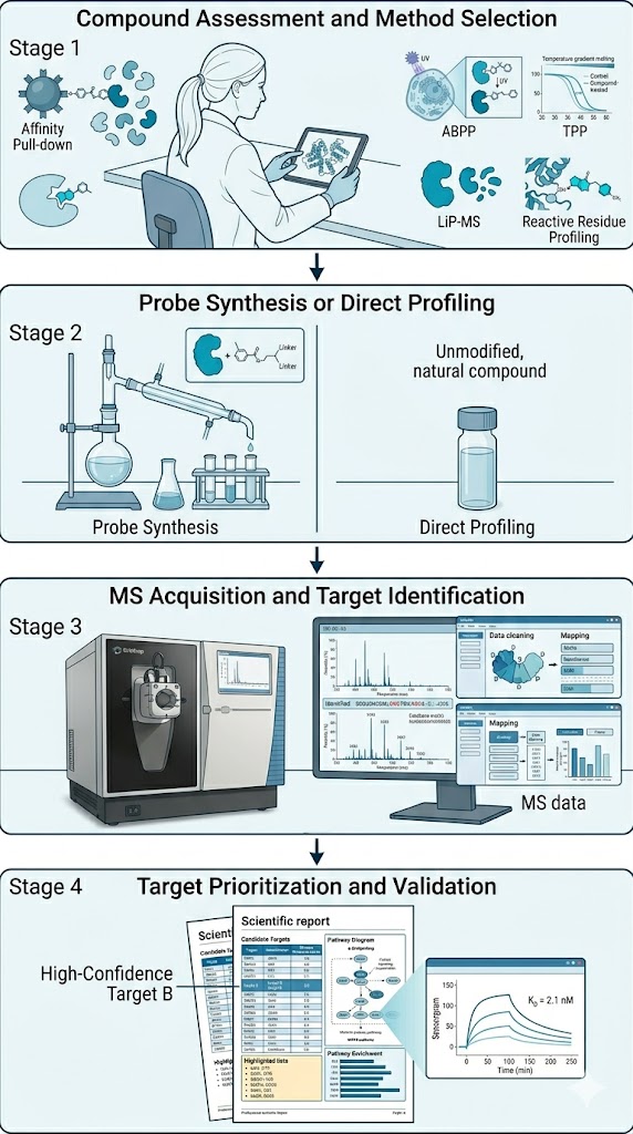 Four-stage workflow for small-molecule target identification: compound assessment and method selection, probe synthesis or direct profiling, MS acquisition, and target prioritization with validation.