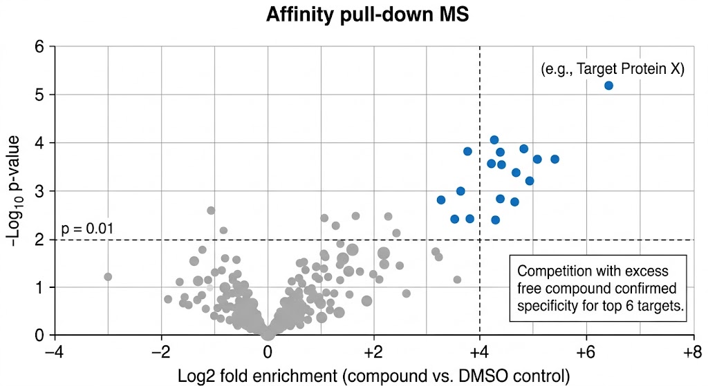 Volcano plot showing protein enrichment by affinity pull-down MS with compound vs control, highlighting 14 significantly enriched proteins above the significance threshold, with the top target labeled.