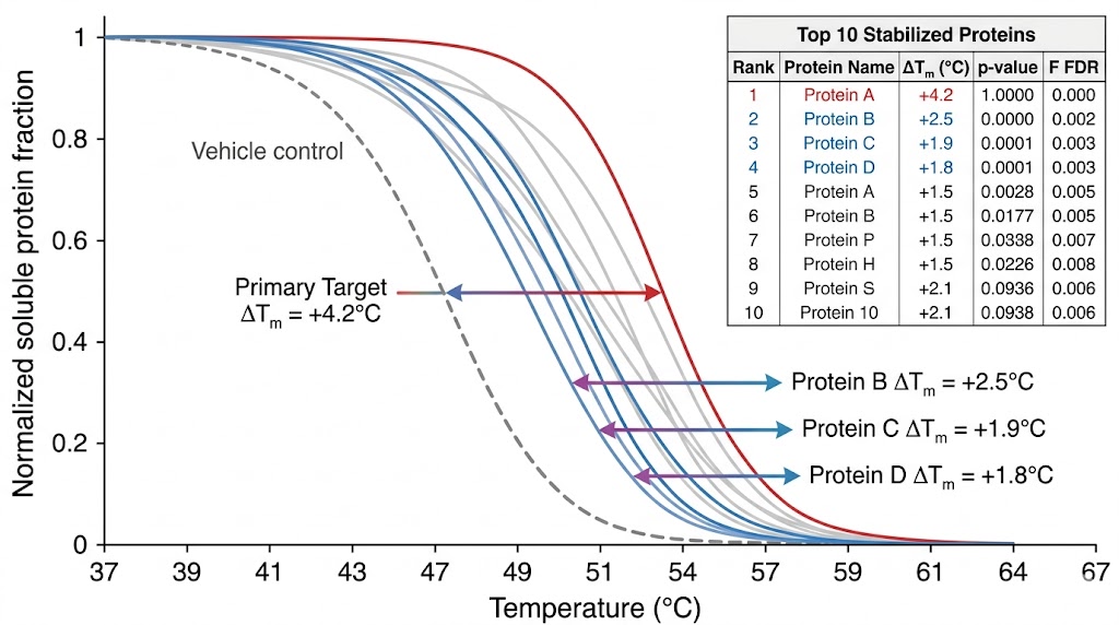 TPP melting curve shift plot showing ten proteins with compound-induced thermal stability shifts, with the primary target showing a 4.2 °C shift and three downstream pathway proteins with smaller shifts.