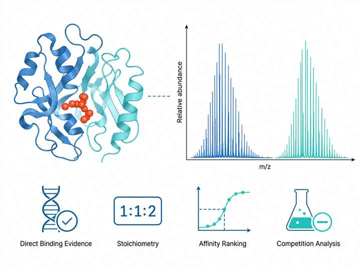 Small-molecule/protein complex native MS service overview showing direct detection of non-covalent protein-ligand complexes, binding stoichiometry determination, and four key advantages.