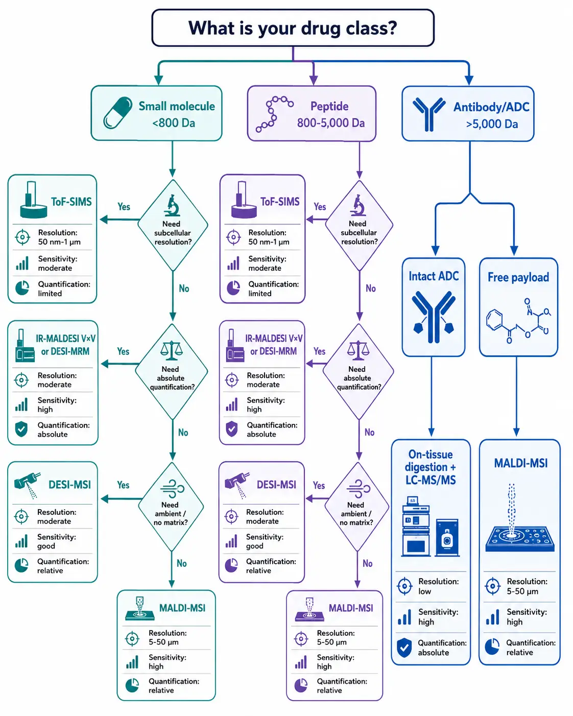 MSI Platform Decision Flowchart for Drug Imaging — Choose by Drug Class, Resolution Need, and Quantification Requirement