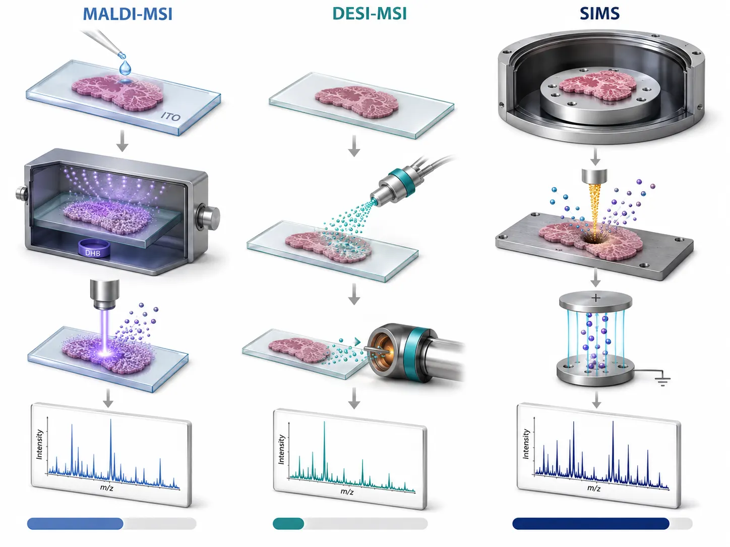 Sample preparation workflow comparison. Side-by-side 3D cutaway illustrations for MALDI-MSI, DESI-MSI, and SIMS showing the critical
