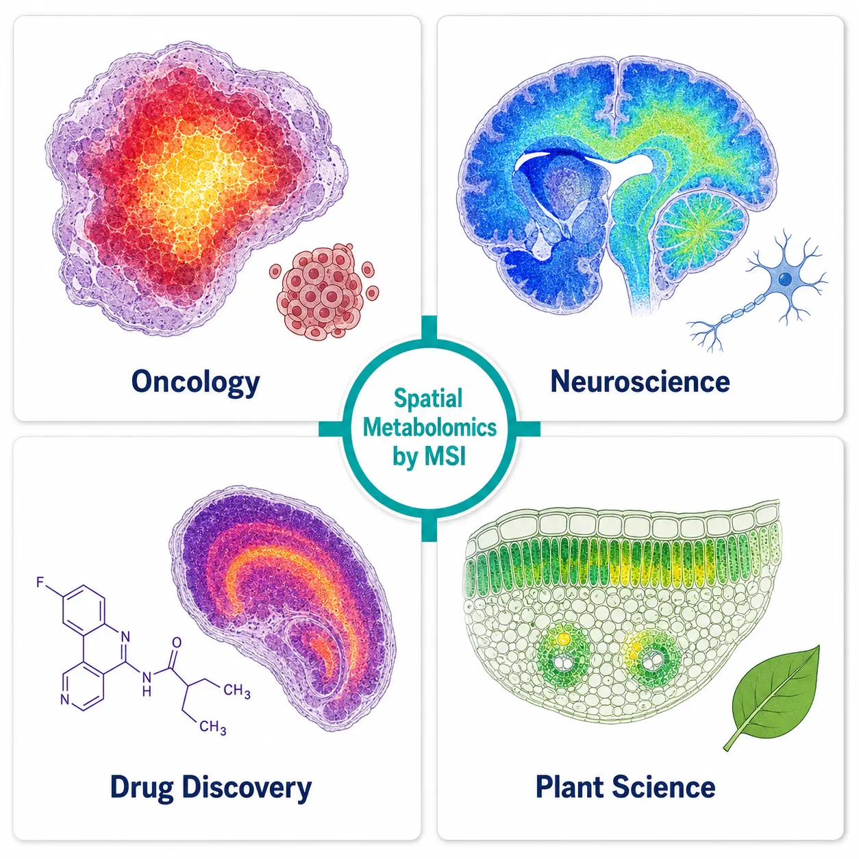 Application areas overview. A 2x2 quadrant infographic displaying the four major application domains of spatial metabolomics