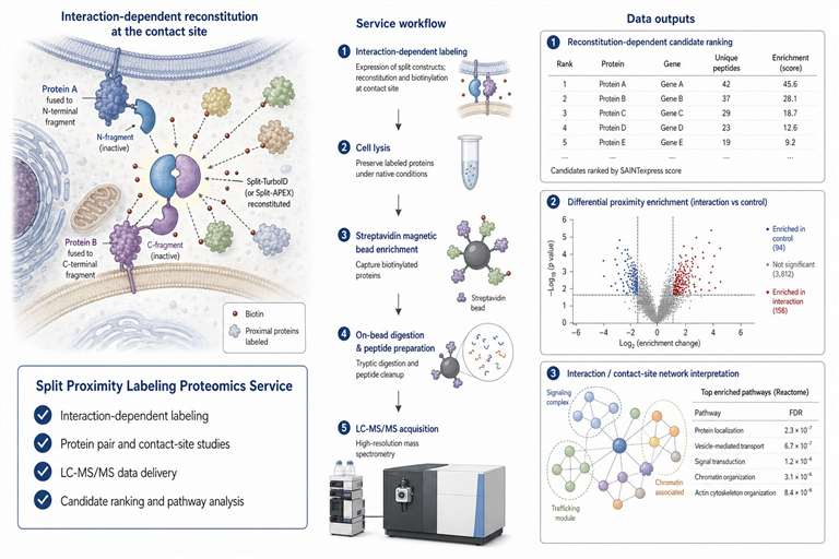 Split proximity labeling proteomics workflow showing split enzyme reconstitution, biotin labeling, enrichment, LC-MS/MS, and candidate analysis.