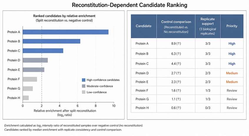 Representative split proximity labeling proteomics result showing reconstitution-dependent candidate ranking.