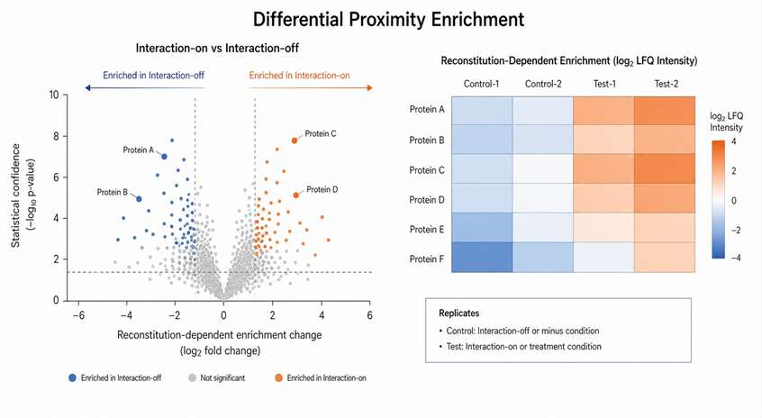 Representative split proximity labeling proteomics result showing differential proximity enrichment.