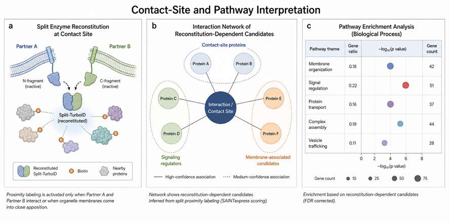Representative split proximity labeling proteomics result showing contact-site and pathway network interpretation.