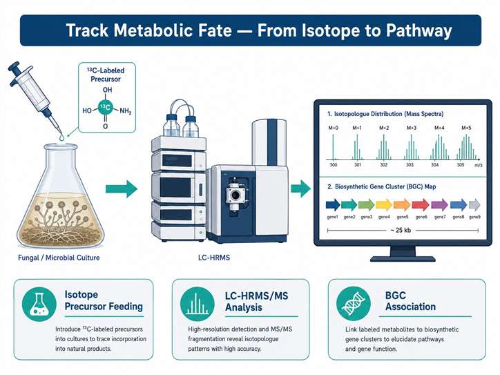Stable isotope labeling natural products analysis service overview with LC-HRMS/MS workflow and key capabilities