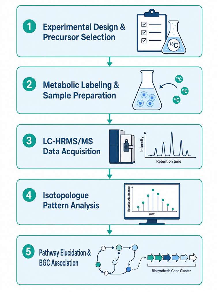 SIL-MS workflow diagram showing five steps from experimental design to data analysis