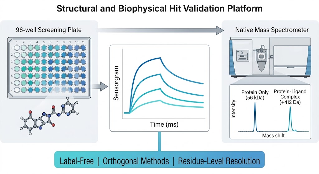Structural and biophysical hit validation platform showing SPR sensorgrams, native mass spectra, thermal shift curves, and HDX-MS epitope maps for orthogonal binding confirmation.