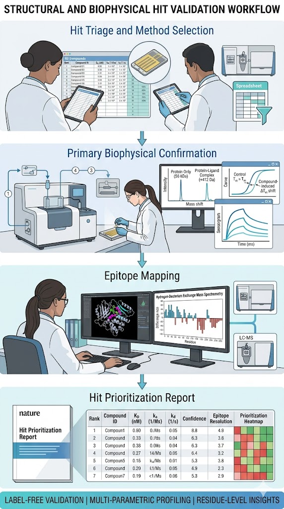 Four-stage workflow for hit validation: hit triage, primary biophysical confirmation by SPR and native MS, epitope mapping by HDX-MS, and hit prioritization report.