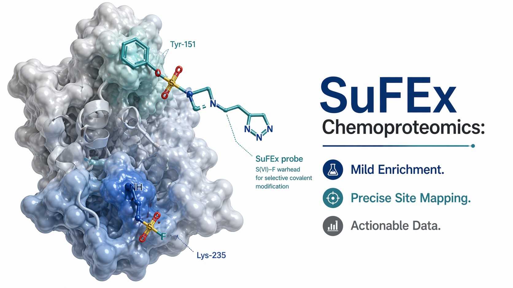 SuFEx Chemoproteomics Service platform diagram featuring multi-residue coverage, complex matrix adaptability, and actionable data deliverables.