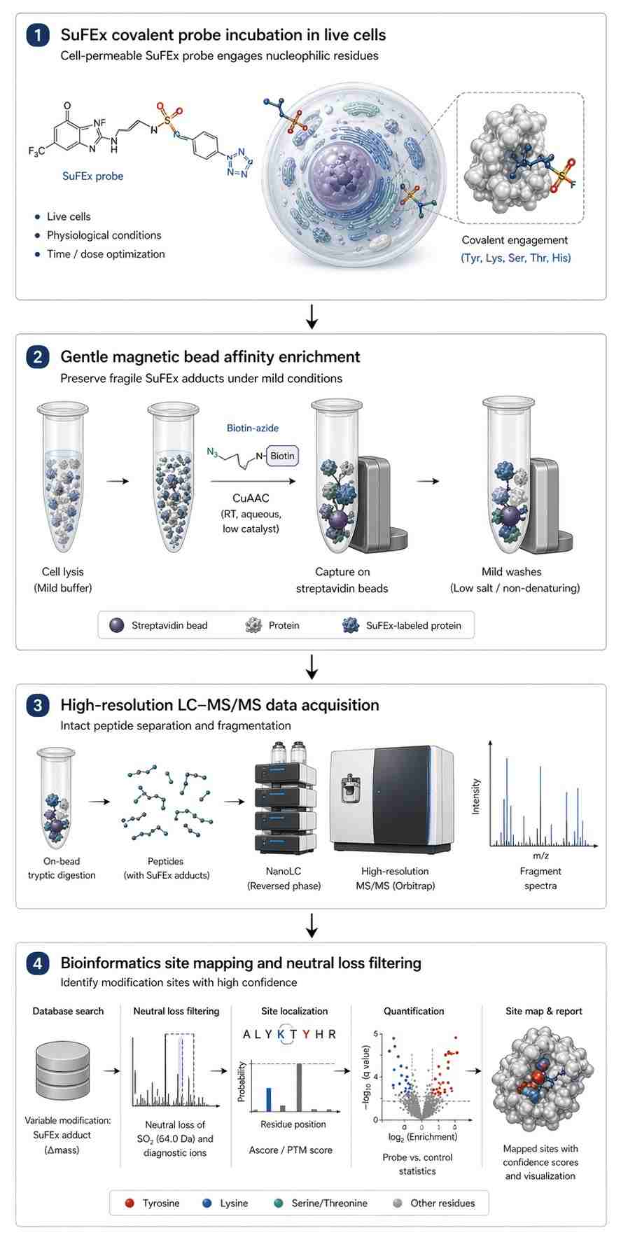 A longitudinal scientific flowchart in Nature journal style showing SuFEx probe incubation, gentle enrichment, LC-MS/MS data acquisition, and bioinformatics site mapping.