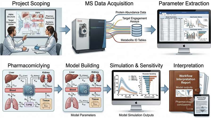 Six-step systems pharmacology MS modeling workflow from project scoping through model interpretation