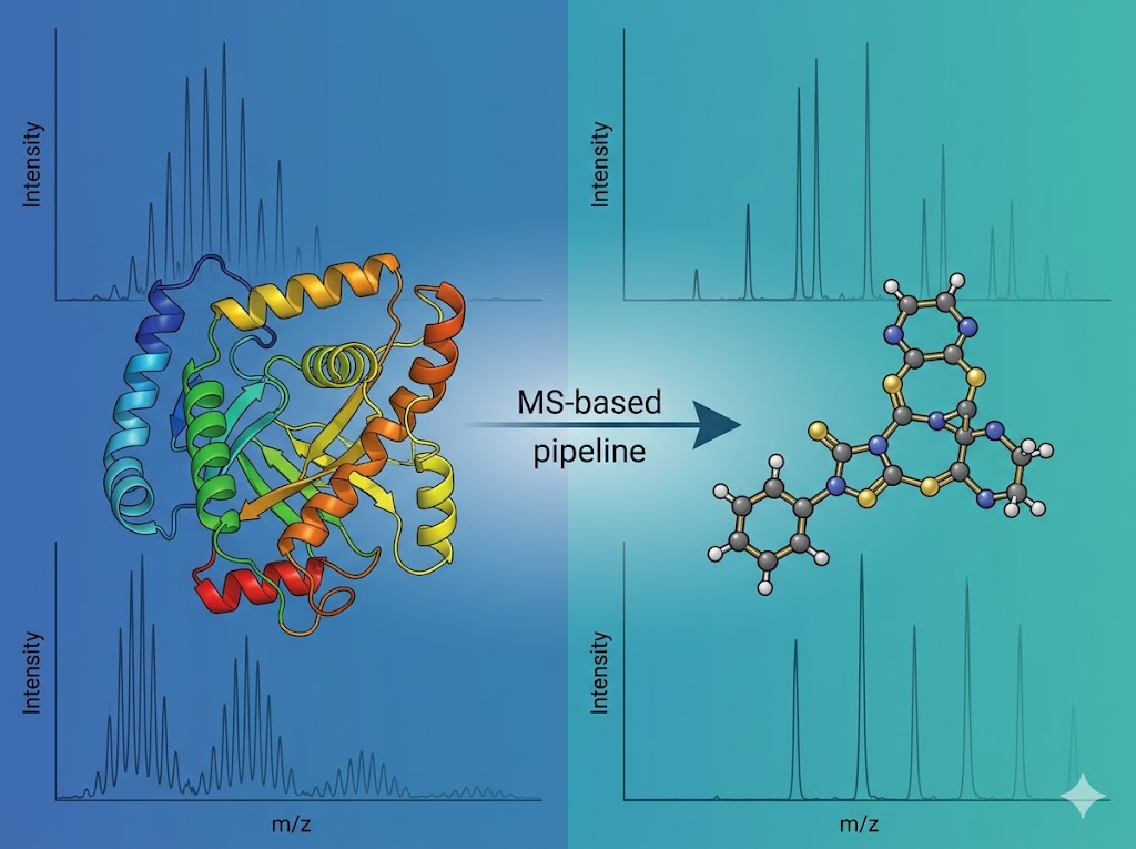 Target to drug discovery pipeline overview: from a validated target protein through six integrated MS-based service lines — fragment-based lead discovery, covalent drug discovery, high-throughput MS screening, ligand discovery for challenging targets, structural and biophysical hit validation, and enzyme activity screening — to a confirmed lead compound with selectivity and ADME data.