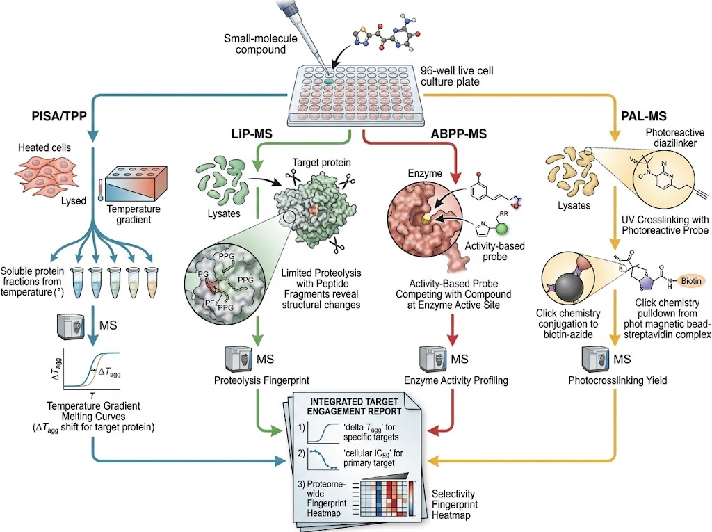 Target engagement and selectivity profiling service overview: compound-treated live cells analysed by four orthogonal MS platforms — PISA/TPP thermal shift, LiP-MS conformational change, ABPP-MS probe competition, and PAL-MS photoaffinity capture — converging on an integrated target engagement and off-target selectivity report for drug discovery teams.