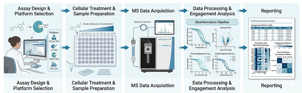 Target engagement and selectivity profiling workflow: assay design and platform selection, cellular treatment with compound dose-response, MS data acquisition on Orbitrap platforms, data processing with melting curve fitting and significance calculation, and final reporting with engagement metrics and selectivity fingerprint.