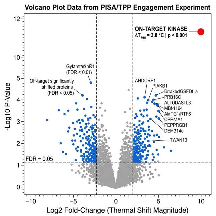 PISA/TPP thermal shift volcano plot from a live-cell kinase inhibitor engagement experiment, showing log2 fold-change on x-axis versus -log10 p-value on y-axis, with on-target kinase highlighted in red and significantly shifted off-target proteins in blue.