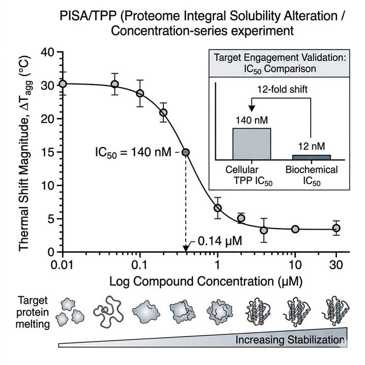 Cellular IC50 dose-response curve from PISA/TPP thermal shift concentration series, showing thermal shift magnitude on y-axis versus log compound concentration on x-axis, with four-parameter logistic fit and IC50 annotation.