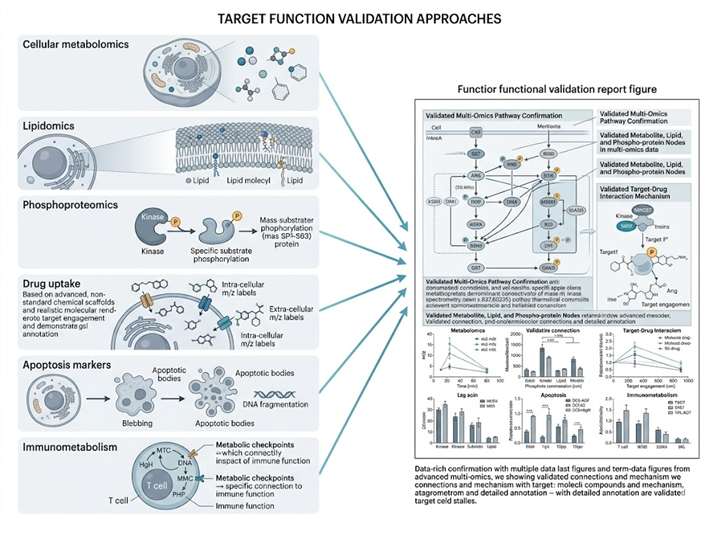 Target function validation platform showing cellular MS approaches for confirming target engagement produces expected biological effects across metabolic, signaling, immune and cell death pathways.