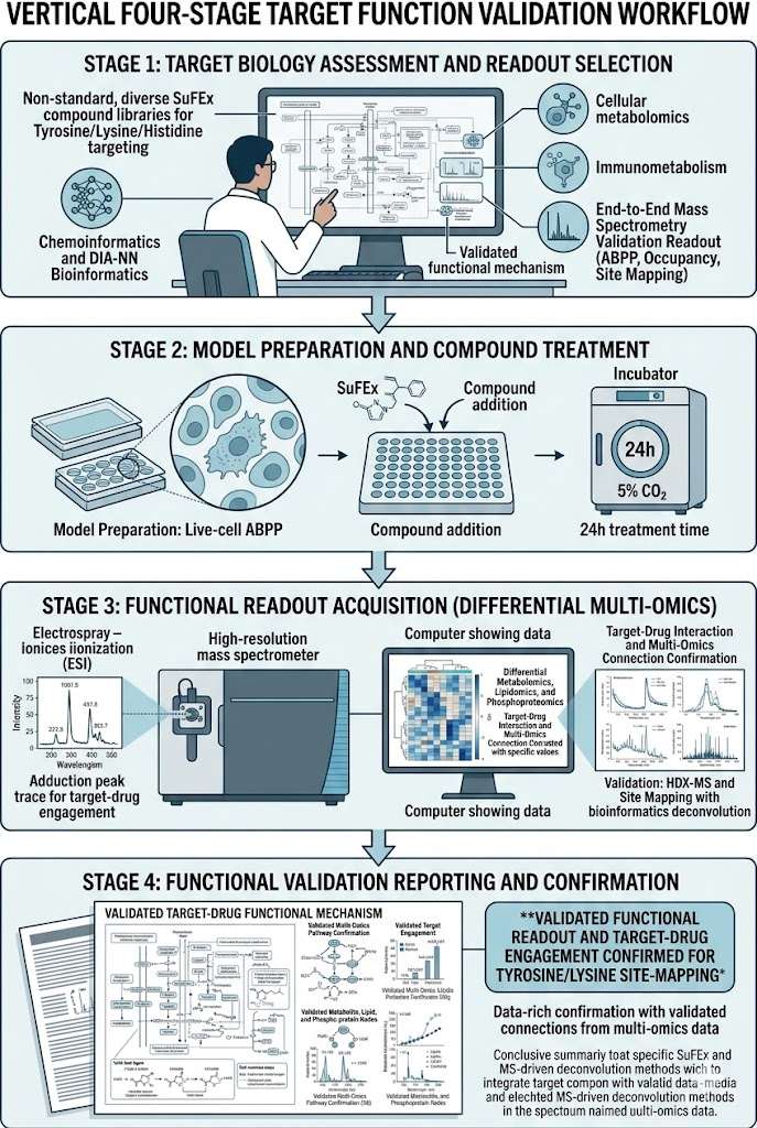 Four-stage workflow for target function validation: target biology assessment, model preparation and treatment, functional readout acquisition, and functional validation reporting.
