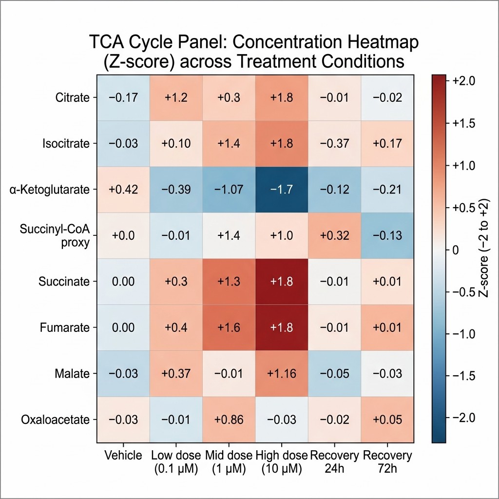TCA cycle metabolite concentration heatmap from targeted metabolomics panel across six treatment conditions, showing individual TCA intermediates on y-axis, treatment groups on x-axis, Z-scored concentrations colour-coded blue to red, with significant changes annotated.