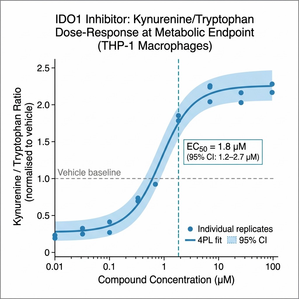Dose-response curve from targeted amino acid panel showing kynurenine-to-tryptophan ratio on y-axis versus compound concentration on x-axis in µM, with EC50 annotation and 95% confidence interval band, individual data points shown as scatter overlay.
