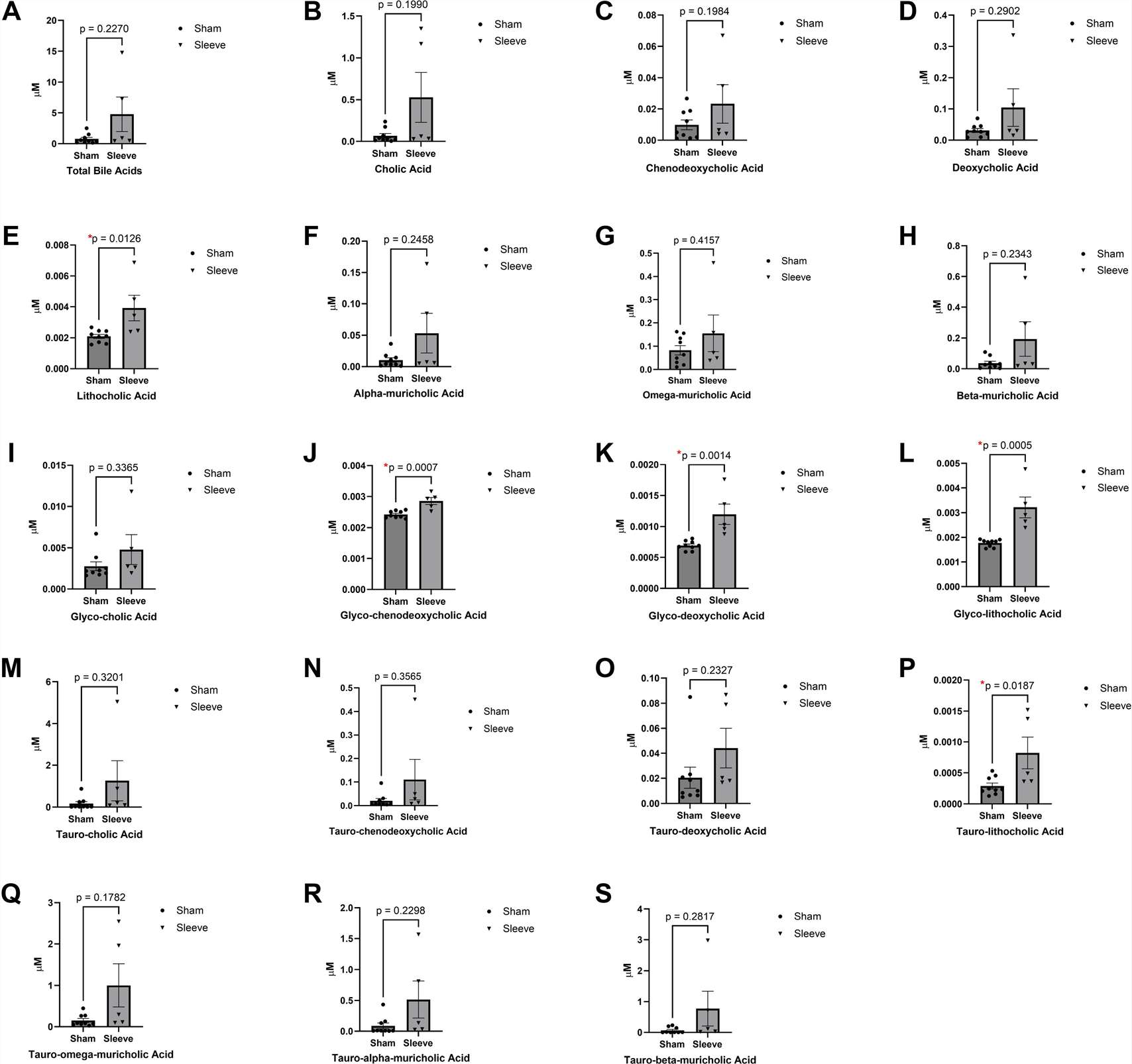 Figure from Hamamah et al. 2025, AJP-RICI, showing targeted bile acid panel quantification data from sleeve gastrectomy versus sham surgery mice, illustrating species-level changes in bile acid pool composition measured by Creative Proteomics LC-MS/MS targeted metabolomics.