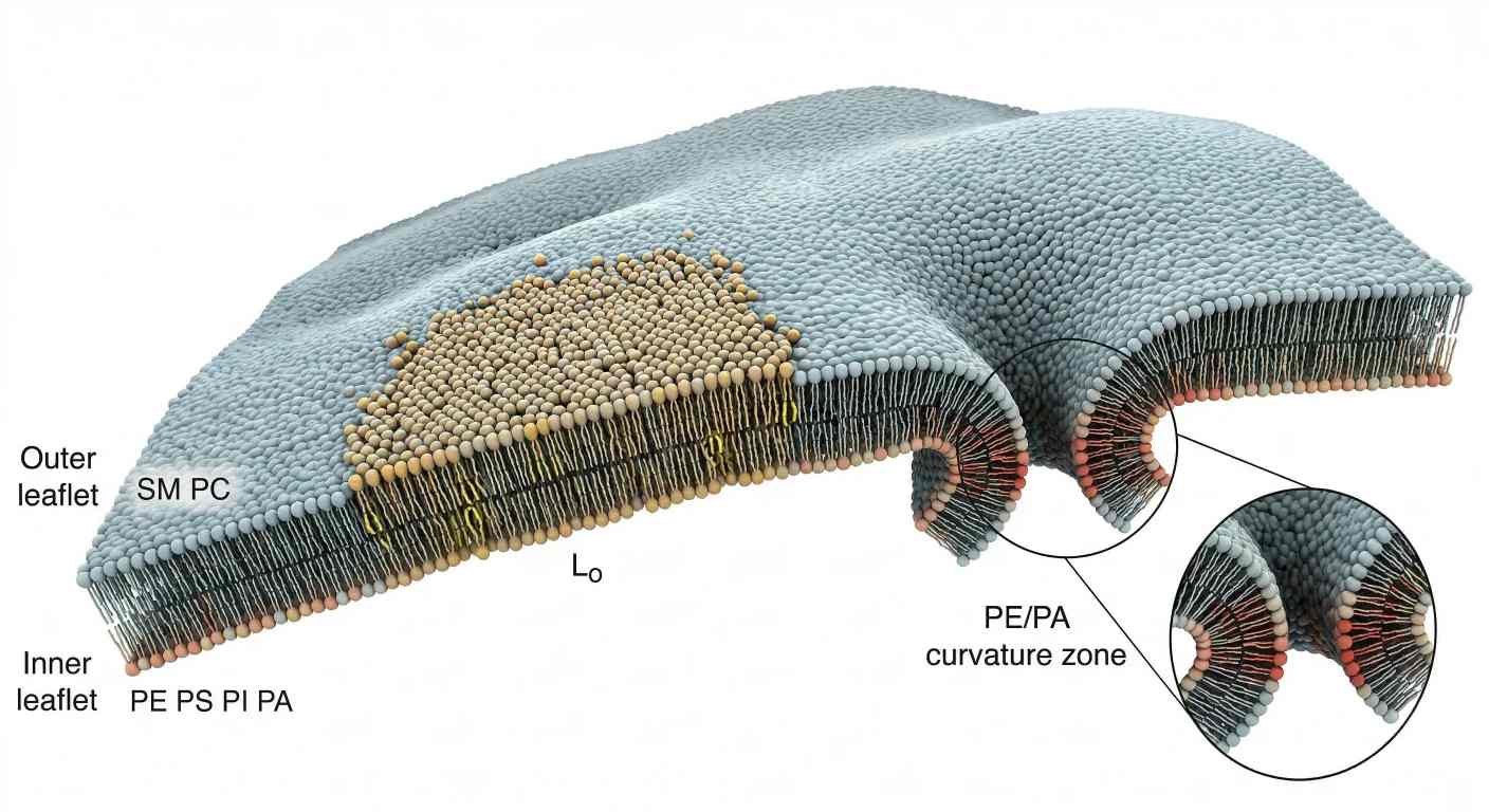 Membrane asymmetry, ordered domains, and curvature hotspots