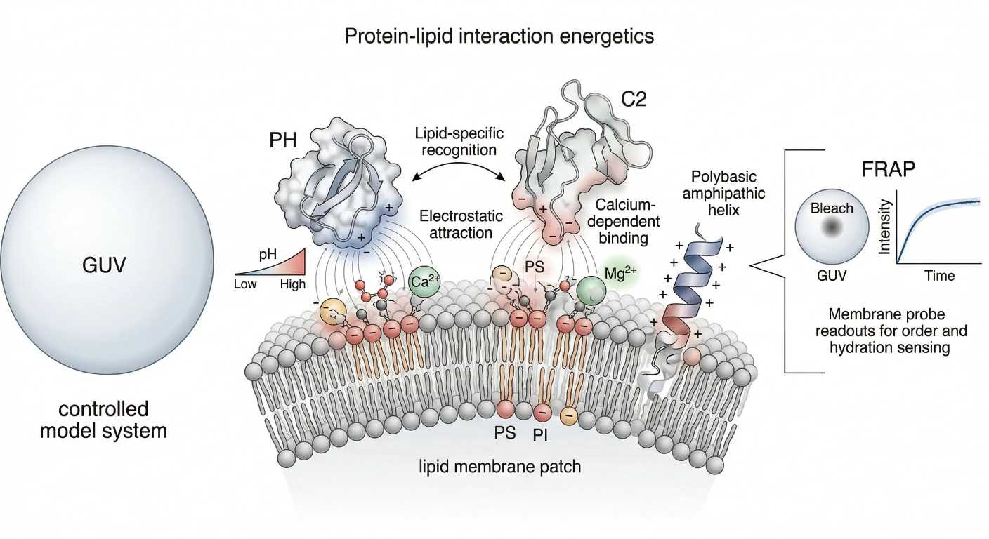 Protein recruitment energetics and membrane-state readouts