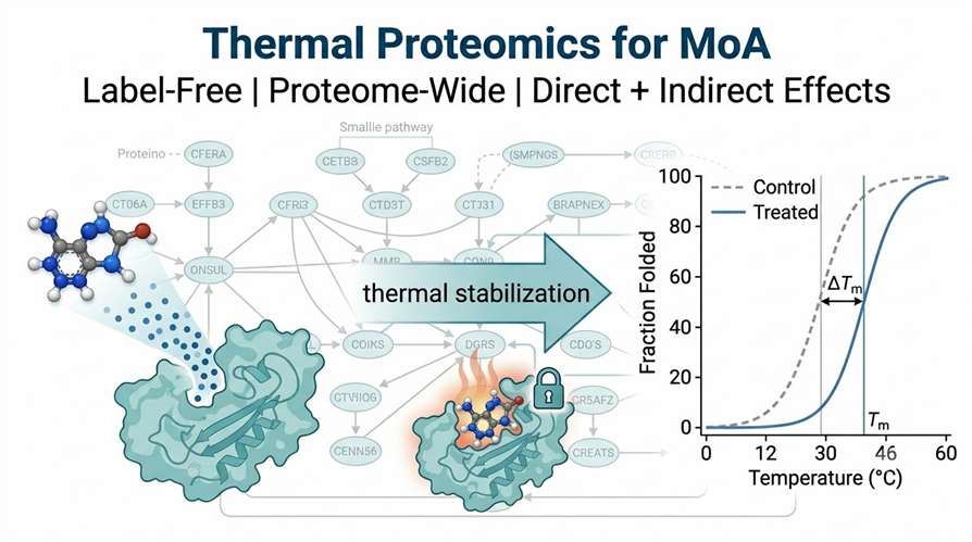 Thermal proteomics for MoA showing compound binding, thermal stabilization, and melting curve comparison.