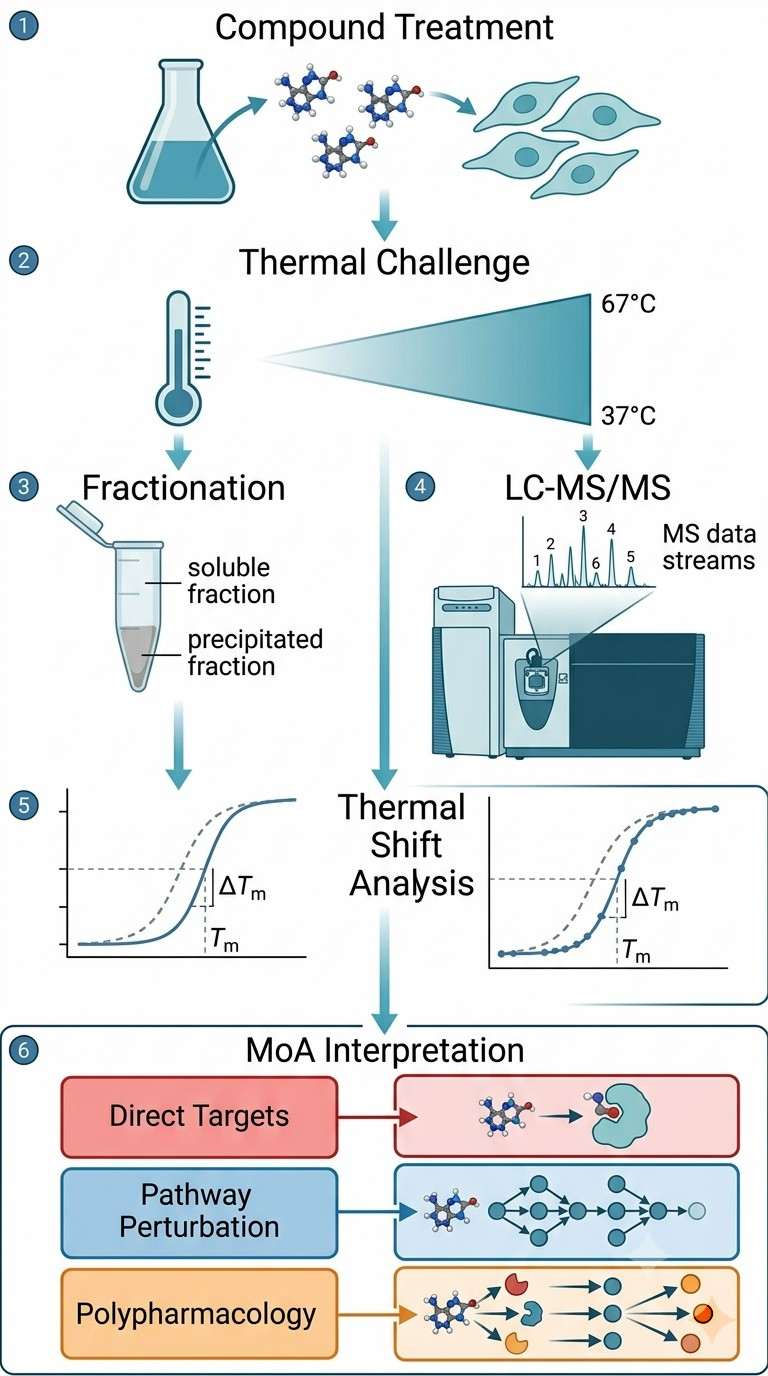 Six-step vertical workflow for thermal proteomics MoA: design, treatment, thermal challenge, MS acquisition, analysis, and interpretation.