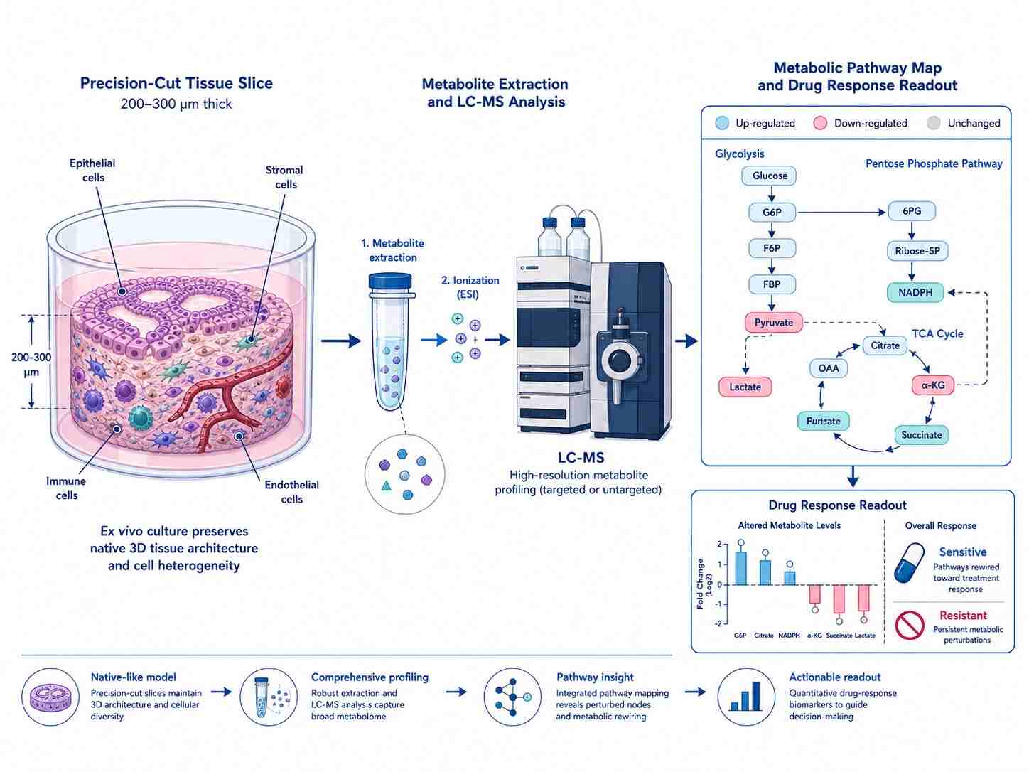 Precision-cut tissue slice (lung/liver) in culture well with LC-MS analysis and metabolic pathway map showing drug-response readout.