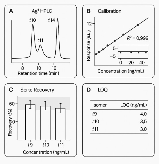 Four-panel QC dashboard showing an Ag⁺ HPLC chromatogram, a calibration plot with residuals, spike-recovery bars, and an LOQ table.