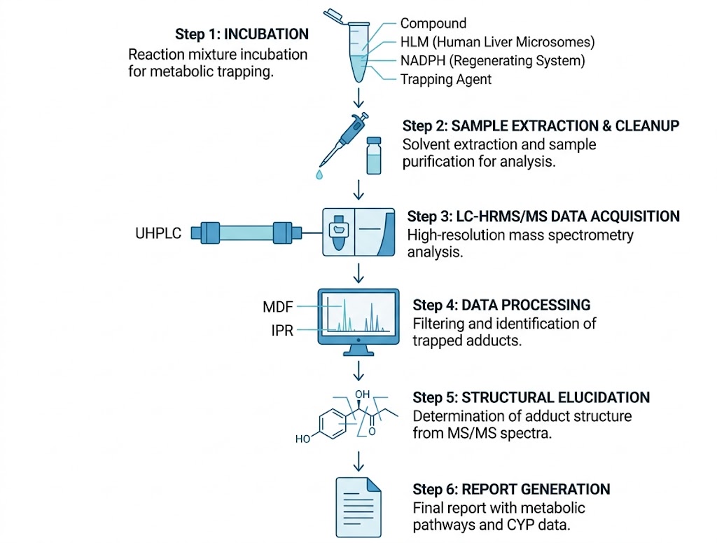 Reactive metabolite screening workflow from incubation through LC-HRMS analysis and structural elucidation