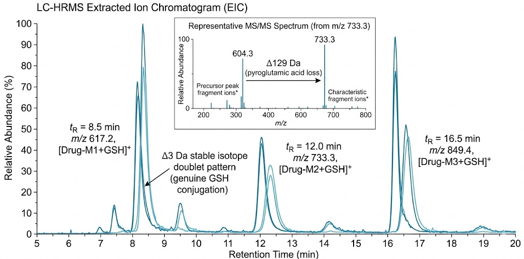 LC-HRMS extracted ion chromatogram showing GSH adduct isotope doublet pattern