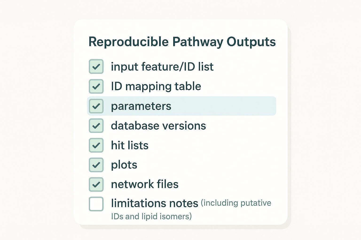 Reproducible pathway outputs for metabolomics and lipidomics services: mapping tables, parameters, and database versions included.