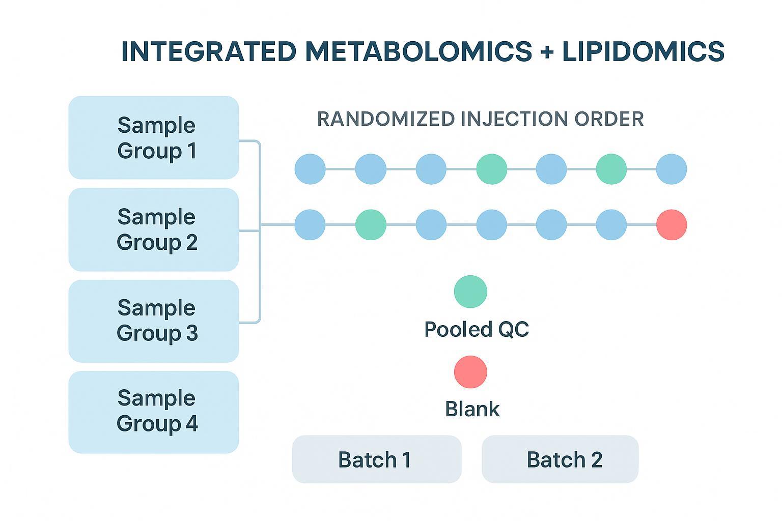 Integrated metabolomics and lipidomics study design with randomisation, pooled QCs, blanks, and batch planning.