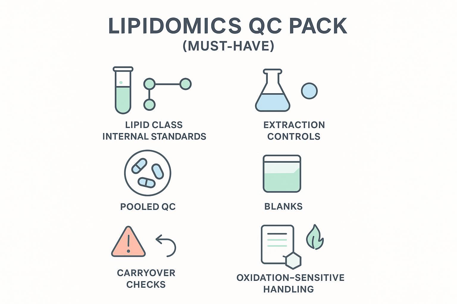 Lipidomics QC pack for metabolomics and lipidomics services: class internal standards, pooled QC, blanks, and carryover checks.