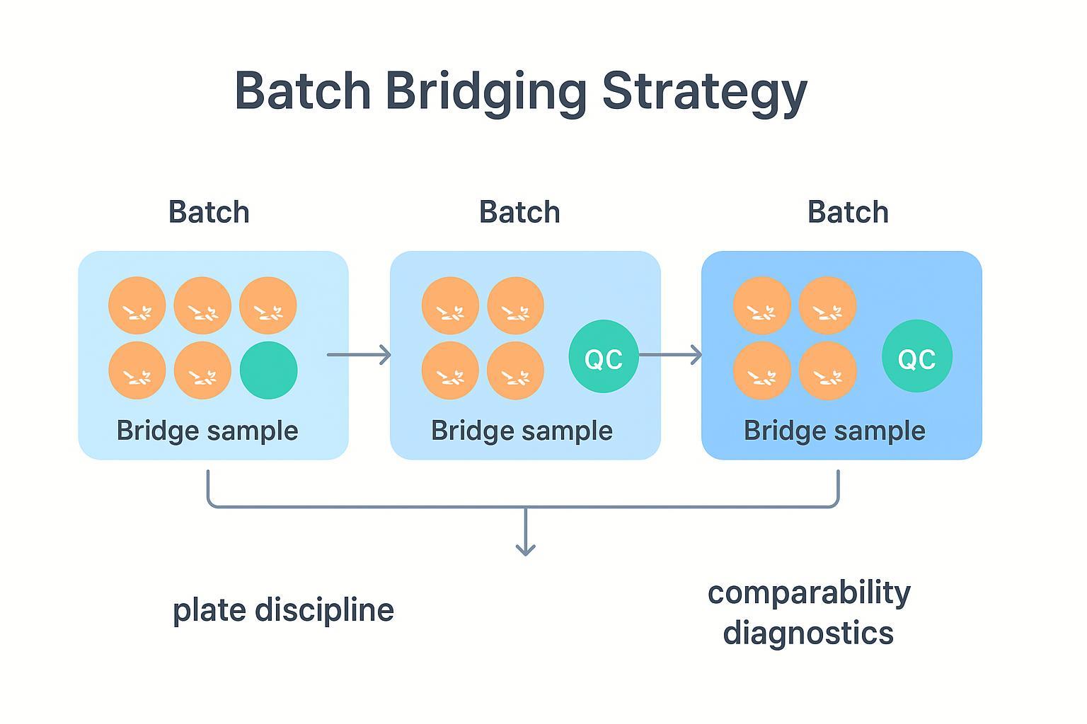 Batch bridging strategy for integrated metabolomics and lipidomics: bridge samples and pooled QCs for comparability.