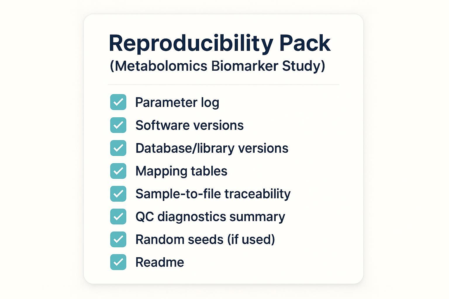 Reproducibility checklist for metabolomics biomarker discovery: versioned parameters, mapping tables, QC diagnostics, and traceability.