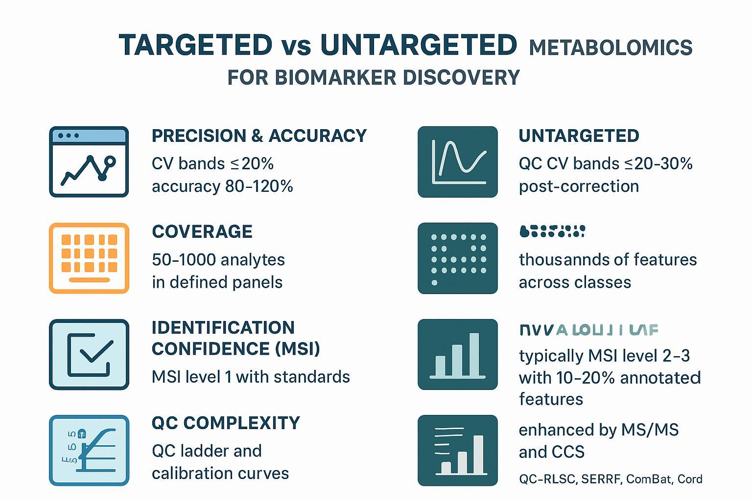 Infographic comparing targeted vs untargeted metabolomics: precision/accuracy, coverage, MSI confidence, and QC complexity for fast decisions.