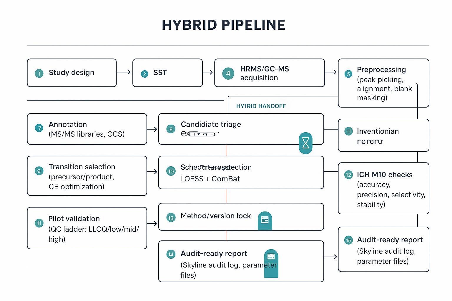 Process diagram of untargeted discovery to targeted assay validation with QC gates, ICH M10 checks, cross-batch harmonization, and audit-ready outputs.