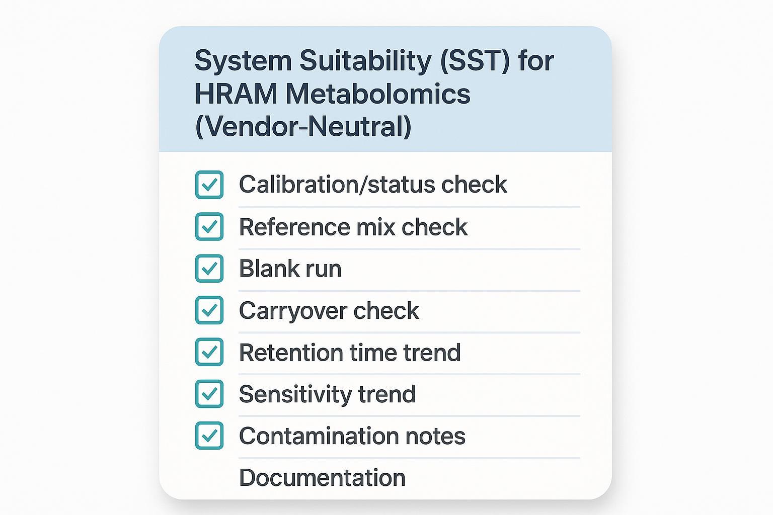 A vendor-neutral SST checklist improves run stability and reduces rework in HRAM metabolomics.