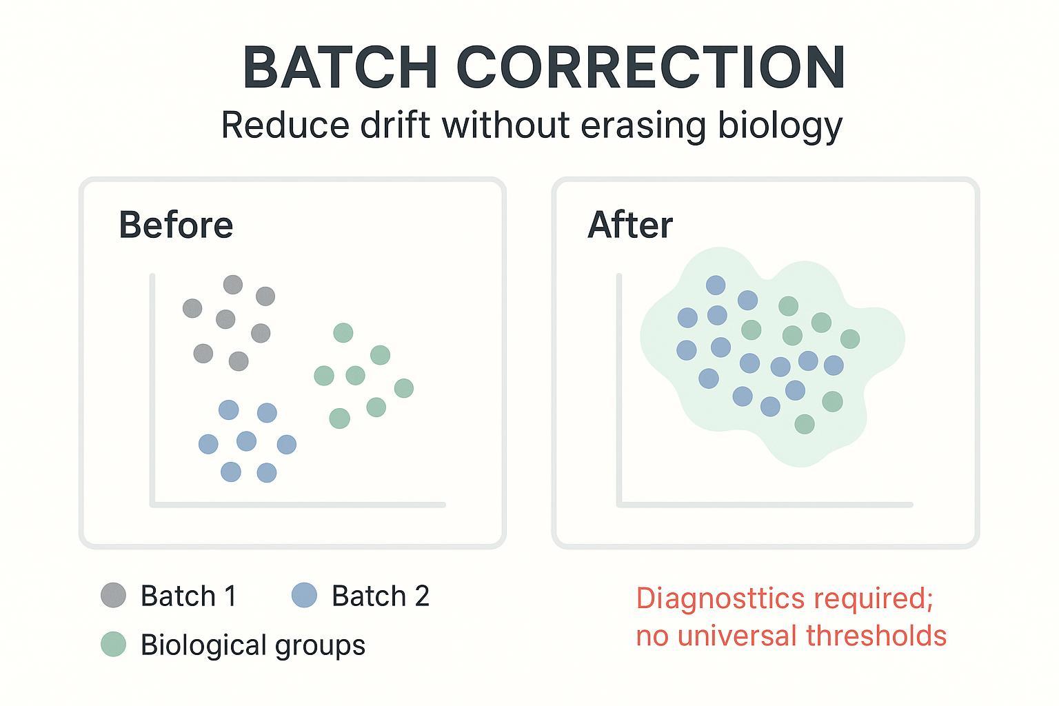 Batch correction concept for metabolomics bioinformatics analysis: reduce batch drift while preserving biological separation.