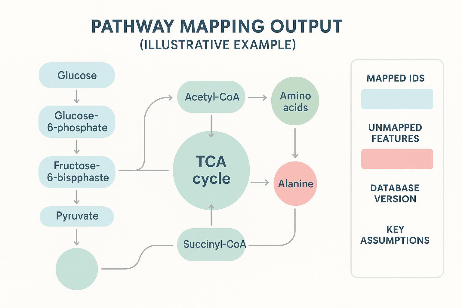 Pathway analysis metabolomics schematic showing mapped metabolites, unmapped features, and database version for reproducible interpretation.