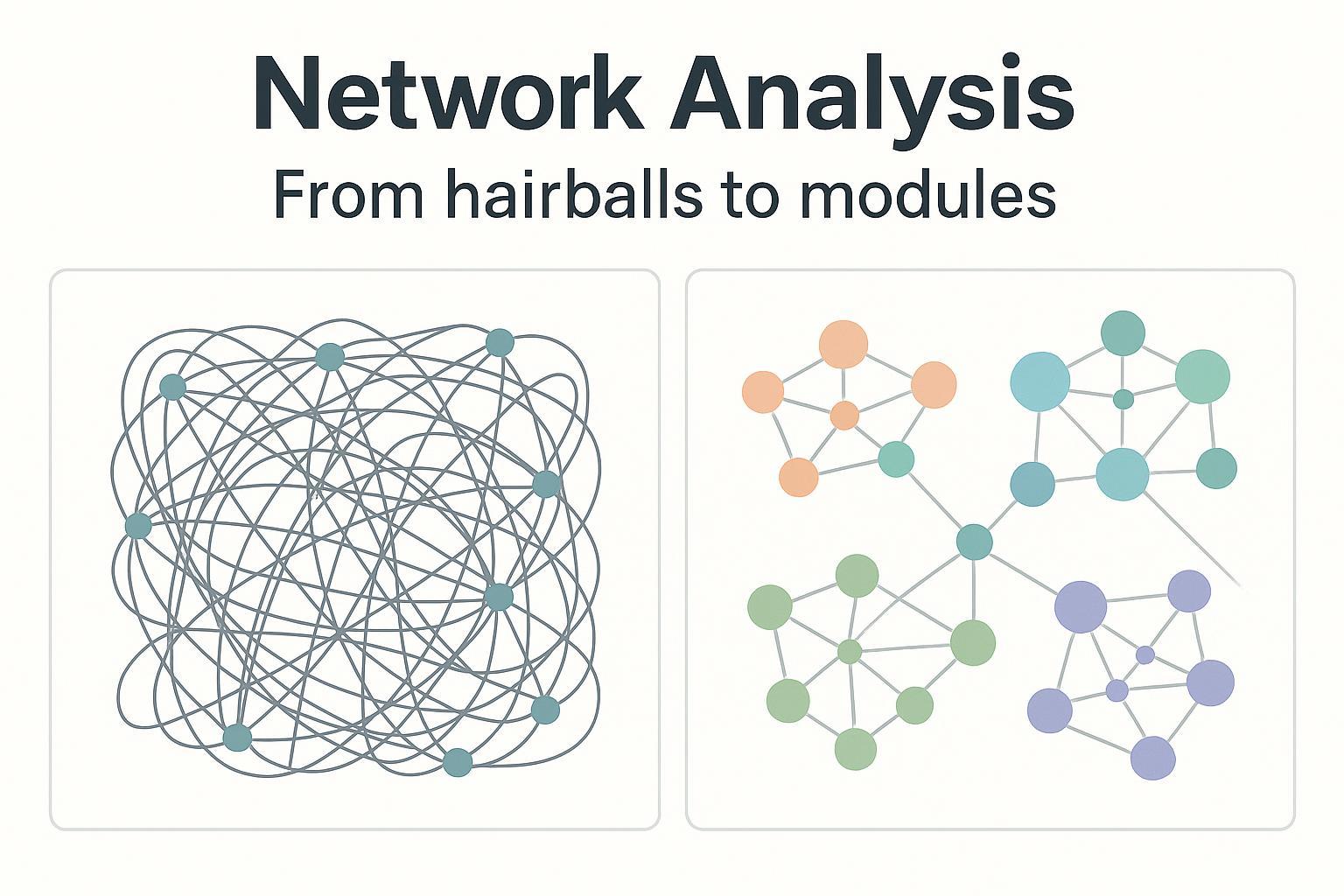 Metabolomics network analysis schematic comparing correlation hairballs vs modular networks for pathway insights.