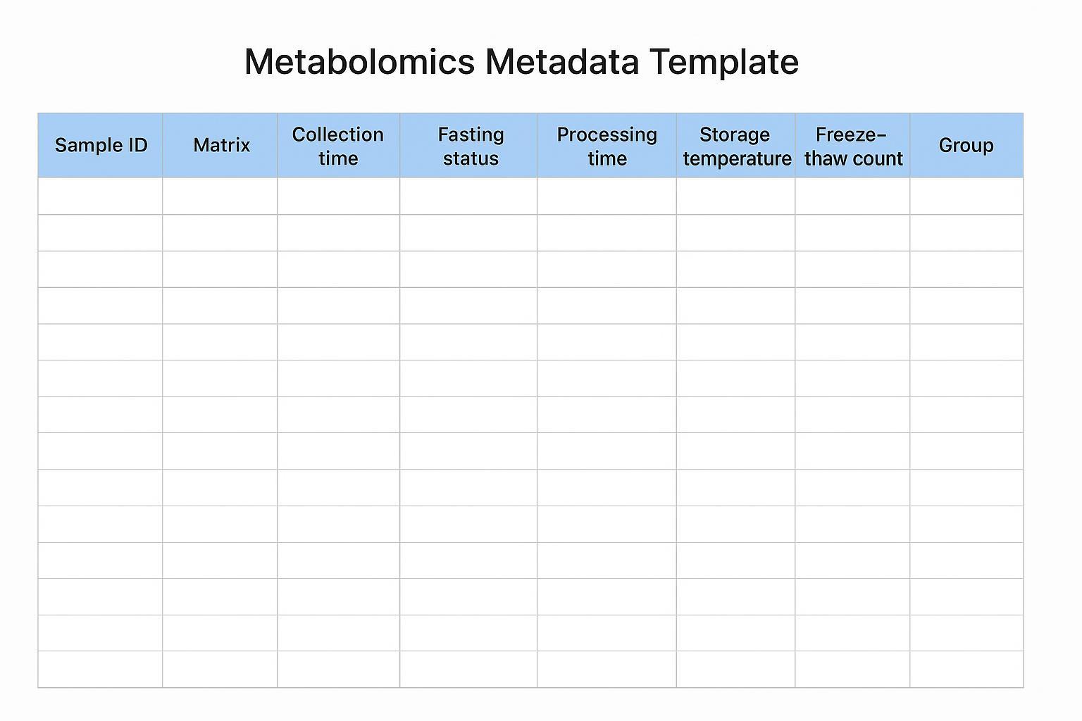 Metabolomics metadata template showing required fields for untargeted metabolomics sample submission.