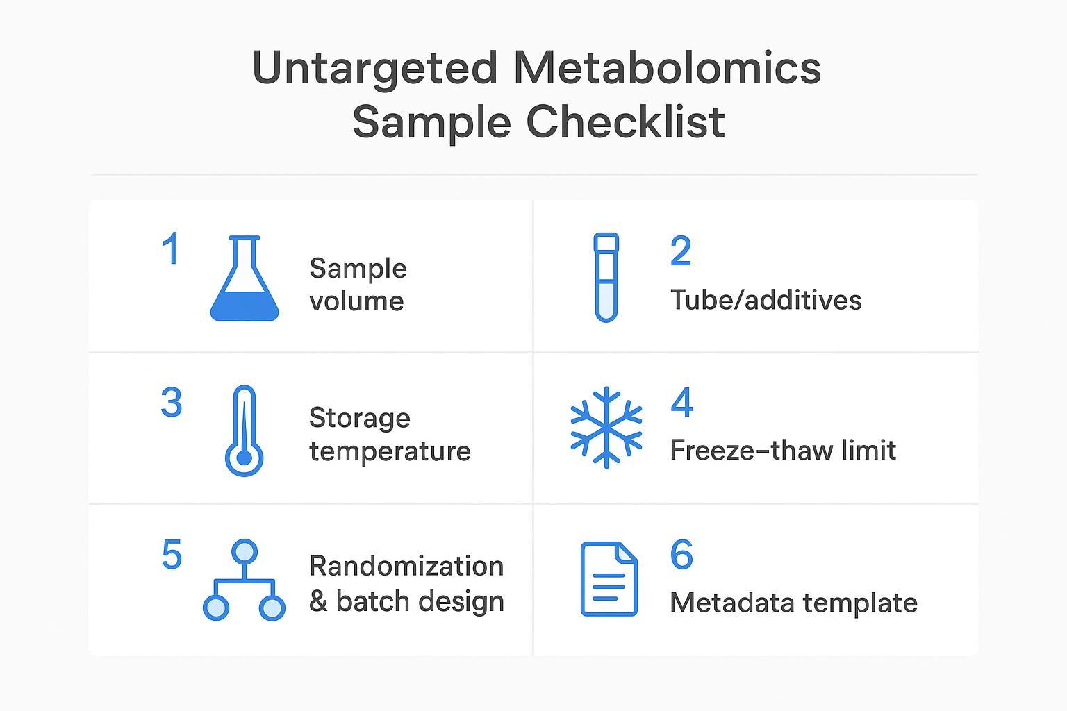 Untargeted metabolomics sample requirements checklist for volume, tubes, storage, freeze–thaw and metadata.