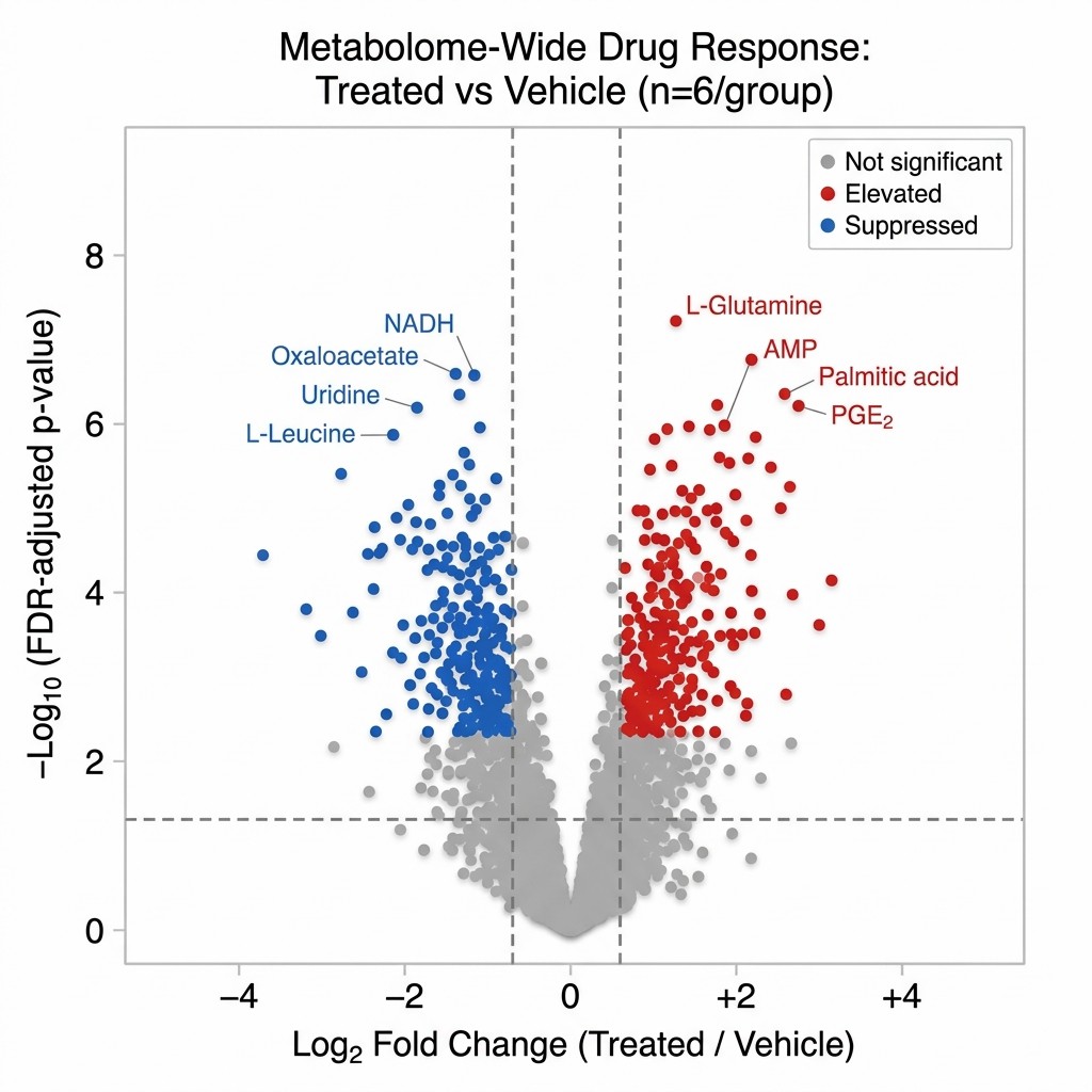 Untargeted metabolomics MoA volcano plot: log2 fold change versus -log10 FDR-adjusted p-value for 3,842 metabolic features comparing drug-treated versus DMSO control cells; significantly elevated features in red, suppressed in blue, annotated with top metabolite names.